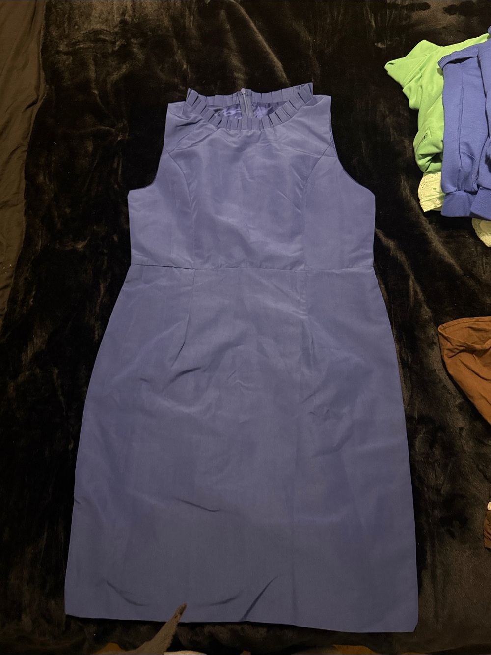 Sleeveless Ruffle-Neck Sheath Dress in Muted Royal Blue